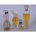 TWO LALIQUE STYLE GLASS SCENT BOTTLES, together with three others.(5)