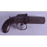 AN EARLY 19TH CENTURY PEPPER POT REVOLVER SIX BARREL PISTOL with engraved floral decoration. 18.5 cm