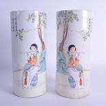 A PAIR OF CHINESE REPUBLICAN PERIOD FAMILLE ROSE BRUSH POTS painted with a female playing a flute