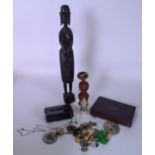AN AFRICAN HARDWOOD FIGURE, together with a quantity of badges, part drawing set etc.