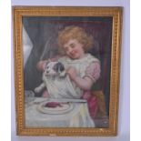 BRITISH SCHOOL (20th Century), framed oil on panel, portrait of a young girl throttling her dog over