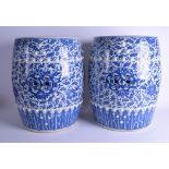 A GOOD LARGE PAIR OF 19TH CENTURY CHINESE BLUE AND WHITE BARREL SEATS Qing, painted with stylised