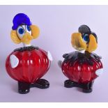 A PAIR OF MURANO GLASS DUCKS with bulbous bodies. 21 cm & 18 cm high.