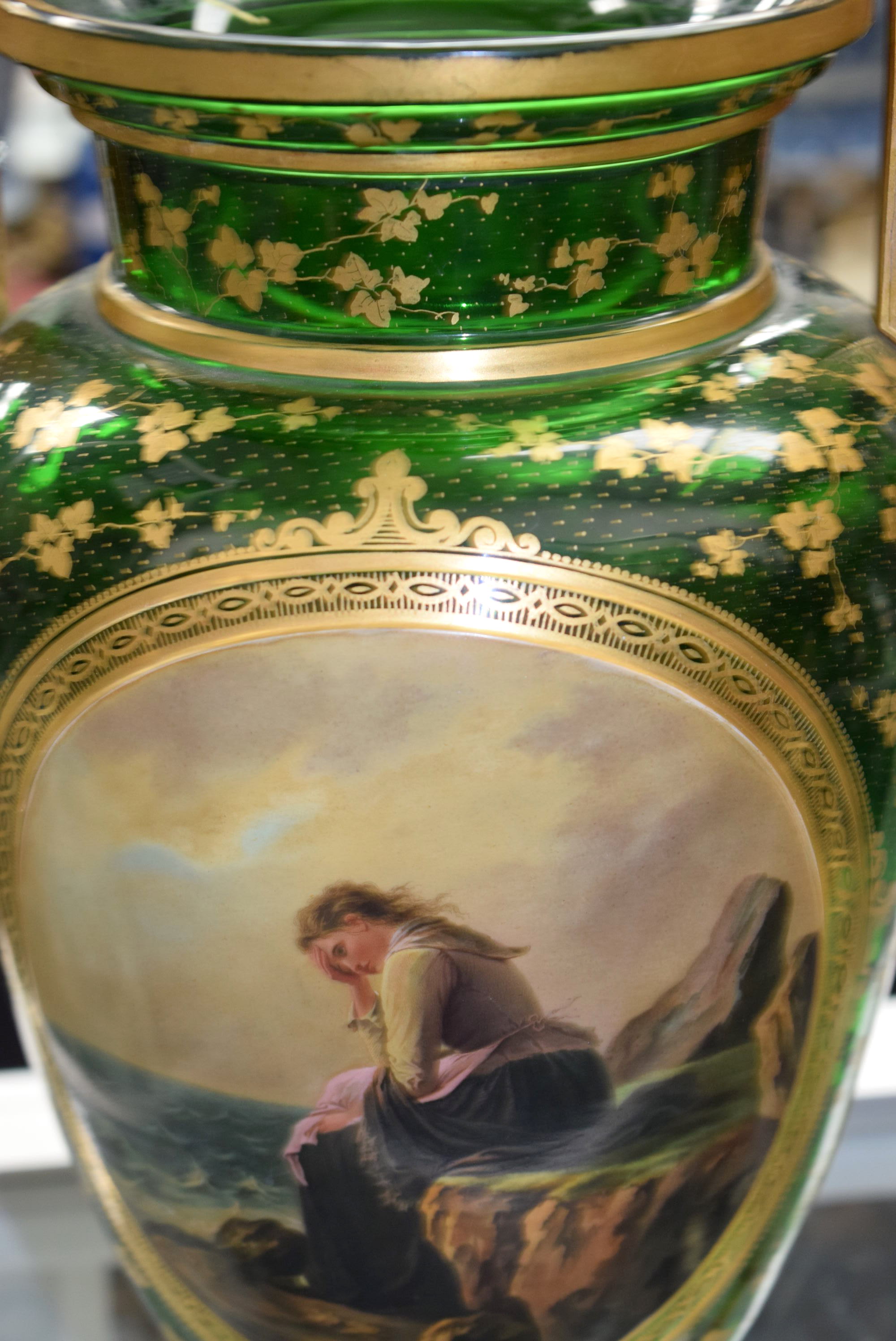 A FINE LARGE 19TH CENTURY TWIN HANDLED BOHEMIAN GLASS VASE painted with a female peering out to - Image 3 of 7