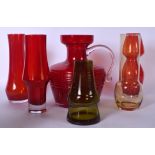 A GROUP OF RED GLASS VASES, together with others. (qty)