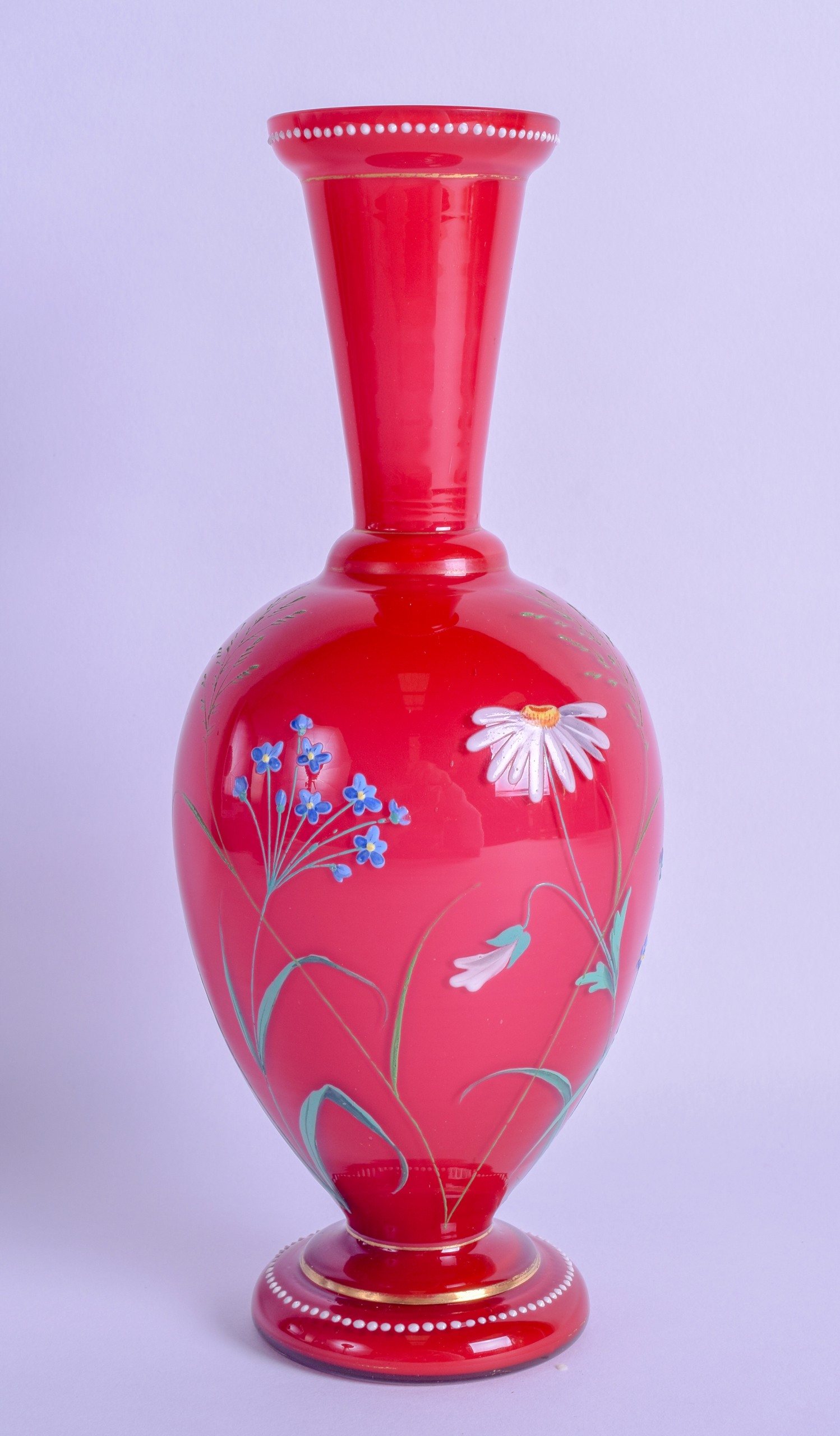 A LATE 19TH CENTURY BOHEMIAN RUBY GLASS VASE enamelled with butterflies in the manner of Moser. 23.5 - Image 2 of 2