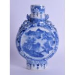 AN EARLY 19TH CENTURY CHINESE BLUE AND WHITE MOON FLASK Qing, painted with landscapes and surmounted