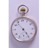 AN EARLY 20TH CENTURY SILVER POCKET WATCH with white enamel dial. 4.5 cm diameter.