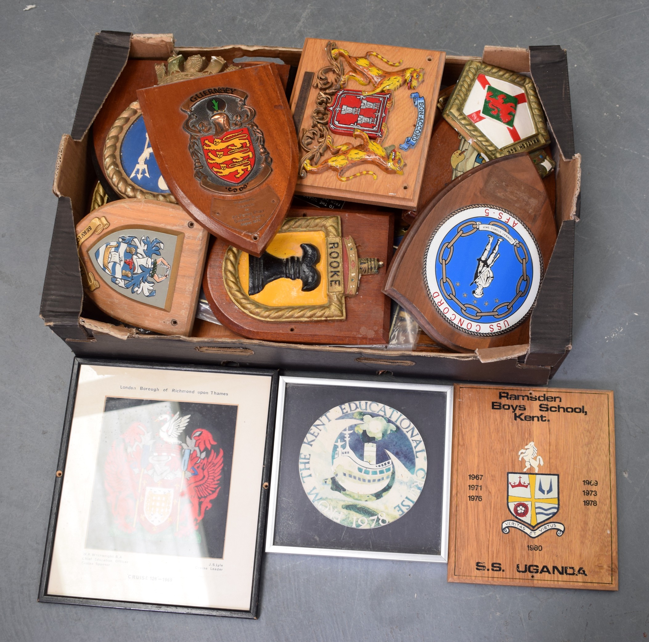 A QUANTITY OF WOODEN PLAQUES FROM SS UGANDA, HOSPITAL SHIP FALKLANDS, all from the ward room. (qty)