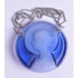 A LOVELY LALIQUE BLUE GLASS CAMEO PENDANT signed R Lalique, with a white metal deco chain. Pendant