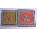 A PAIR OF EARLY 20TH CENTURY OF CHINESE SILKWORK SQUARE PANELS unusually finely decorated with