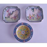 A PAIR OF 19TH CENTURY CHINESE CANTON ENAMEL SQUARE FORM DISHES Qing, together with a mid Qing