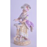 19th c. Meissen figure of a woman standing beside a pedestal table playing cards, crossed swords