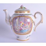 18th c. Sevres style teapot and cover painted a mother and two children cooking food over a fire,