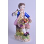 19th c. good Derby figure of a boy seated with a hat full of fruit on a scroll base, crown D mark.