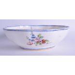 18th c. Vincennes/Sevres junket bowl painted with flowers under a blue line border, interlaced L’s