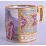 A LATE 19TH CENTURY VIENNA PORCELAIN MUG painted with two nude figures holding a severed mug. 6.5 cm