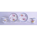 18th c. Sevres pair of coffee cups and saucer painted with flowers under three blue lines,