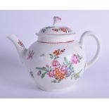 18th c. Worcester teapot and cover very fully painted with flowers under a dot, line and loop