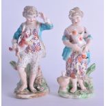 18th c. Derby pair of figures of the French Shepherd and Shepherdess he holding a dog and her a