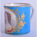 18th /19th c.Sevres coffee can later-decorated with the portrait of a Parisian Lady on a blue