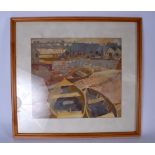 BRITISH SCHOOL, framed watercolour, harbour scene, signed, gallery label verso. 30 cm x 33 cm.