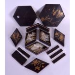 A COLLECTION OF 19TH CENTURY CHINESE CANTON MOTHER OF PEARL GAMING COUNTERS within a lacquered