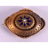 A VICTORIAN GOLD ENAMEL AND PEARL BROOCH. 5.5 cm wide.