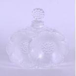 A FRENCH LALIQUE DOUBLE FLOWER SCENT BOTTLE AND STOPPER with flower finial. 9 cm x 8.5 cm.