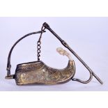 AN ANTIQUE BRONZE OIL LAMP, in the form of a shoe. 12 cm wide.