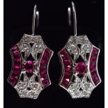 A PAIR OF 9 CT GOLD RUBY AND DIAMOND DECO TYPE EARRINGS.