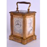 A 19TH CENTURY FRENCH CARVED IVORY AND BRASS REPEATER CARRIAGE CLOCK each side panel painted with