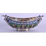 A FINE LATE 19TH CENTURY RUSSIAN SILVER AND ENAMEL TWIN HANDLED BOWL decorated all over with