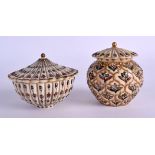 A PAIR OF 19TH CENTURY MIDDLE EASTERN PAINTED IVORY JARS AND COVERS decorated with foliage and