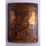 AN 18TH/19TH CENTURY RUSSIAN PAINTED WOODEN ICON depicting Madonna holding open a scroll painted