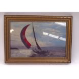 KIRKWOOD (British), framed oil on board, a figure sailing a yacht, inscription verso. 29 cm x 44
