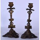 A PAIR OF BRONZE CANDLESTICKS, the feet in the form of fruiting vines. 23 cm high.