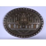 A LARGE EASTERN LOBED TRAY, inlaid detail depicting a palace. 61 cm wide.