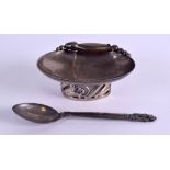A STYLISH GEORG JENSEN SILVER TABLE SALT AND SPOON with berry and vine border. 3.5 oz. 8.5 cm