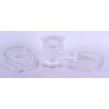 A FRENCH LALIQUE GLASS LION MASK VASE together with two glass ashtrays. (3)