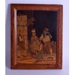 A 19TH CENTURY ITALIAN CARVED PARQUETRY INLAID PANEL decorated with four gypsies within a landscape.