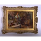 RUSSIAN SCHOOL (20th Century), framed oil on board, impressionist figures in an interior. 27 cm x 40