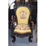 A GOOD LARGE 19TH CENTURY CHINESE CARVED HARDWOOD HONGMU ARM CHAIR with later drop in seats,