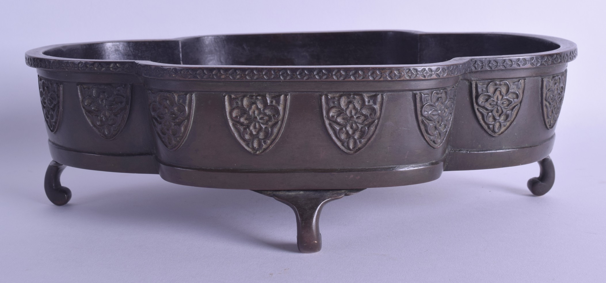 A 19TH CENTURY JAPANESE MEIJI PERIOD BRONZE LOBED CENSER decorated with floral vines. 29 cm x 19.5