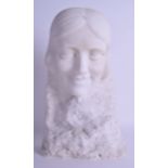 A LOVELY ART NOUVEAU ENGLISH CARVED WHITE MARBLE BUST OF A FEMALE elegantly formed from a