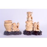 A PAIR OF 19TH CENTURY JAPANESE MEIJI PERIOD CARVED IVORY OKIMONO one with removable cover, both