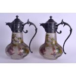 A LOVELY PAIR OF FRENCH ART NOUVEAU GALLE CAMEO GLASS CLARET JUGS with Christoffel silver plated