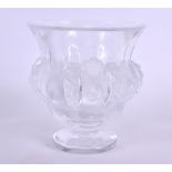 A FRENCH LALIQUE GLASS VASE decorated with a banding of birds and vines. 12 cm x 11 cm.