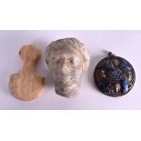 AN EARLY EUROPEAN CARVED MARBLE STONE IDOL together with an antiquity head and a silver and lapis