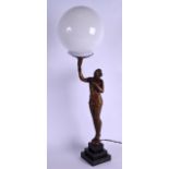 A STYLISH ART DECO SPELTER LAMP OF A FEMALE with glass dome, upon a stepped marble base. Figure 46